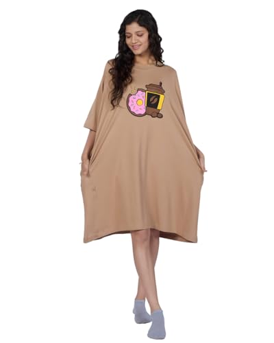 Image of LAMA STORE Women's Printed Oversized T-Shirt Dress, Cotton, 3 /4 Sleeve Length, Casual Loose Fit, Comfort Wear Extra Comfy Oversized Printed Pocket T-Shirt Dress