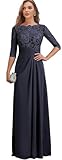Clixsy Mother of The Bride Dresses for Wedding Long Chiffon Ruched Formal Dress with Sleeves Lace Corset Evening Gown Navy US2