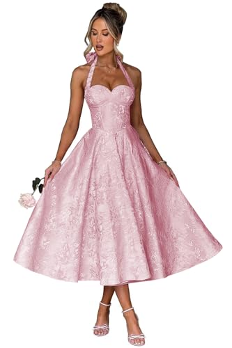 Jacquard Satin Prom Dresses for Women Vintage A-Line Midi Halter Sweetheart Formal Evening Party Gowns with Pockets