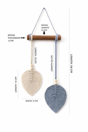 Image of AdFashionble Boho Macrame Wall Hanging Leaf Decor for Home, Living Room & Bedroom | Cotton Thread Art with Wooden Rod | Minimalist Handmade Wall Decoration | Aesthetic Nordic Wall Art for Home, Office & Gift Purpose Lenght- 58 cm Width- 15 cm (GREY & OFFWHITE)