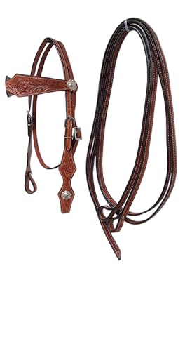 LEATHERRIDE Western Leather Horse Headstall and Reins Combo Natural Antique Tooling Adjustable Browband Headstall and Free Size Reins for Horses (Dark Brown)