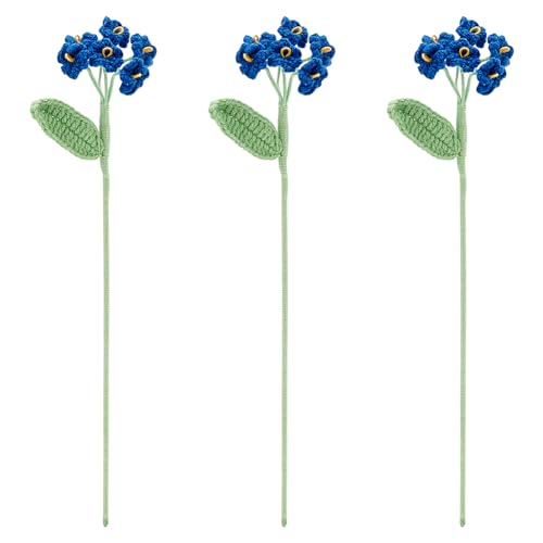 FINGERINSPIRE 3Pcs Crochet Forget Me Not Flower Navy Blue Handmade Crochet Forget Me Not Bouquet Artificial Flowers Polyester for Wedding Bouquet Decor