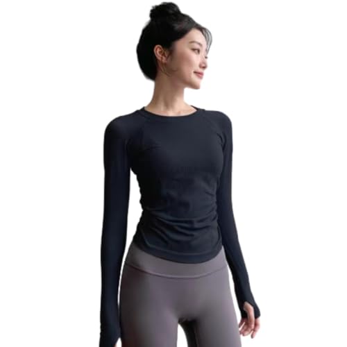 ZERAOKE Women Round Neck Long Sleeve Compression T-Shirt,Fall Winter Slim Fit Stretchy Base Layer for Running Yoga Workout-Black-L