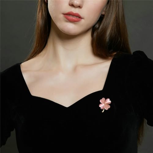 Image of Cats Eye Clover 4 Leaf Brooch Pin for Women Men Unisex Gold Plated Fashion Love Heart Shaped Flower Brooches Lapel Pins luck Decor Dress Accessories St Patrick's Day Birthday Holiday Jewelry Gift Souvenir