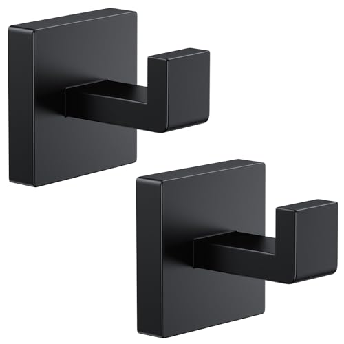 Kruodop 2 PCS Towel Hooks for Bathroom Wall Mount Towel Holder Black Matte Wall Robe Hook Square Stainless Steel Door Hanger Towel Hook for Kitchen Bedroom Hotel Pool Coats
