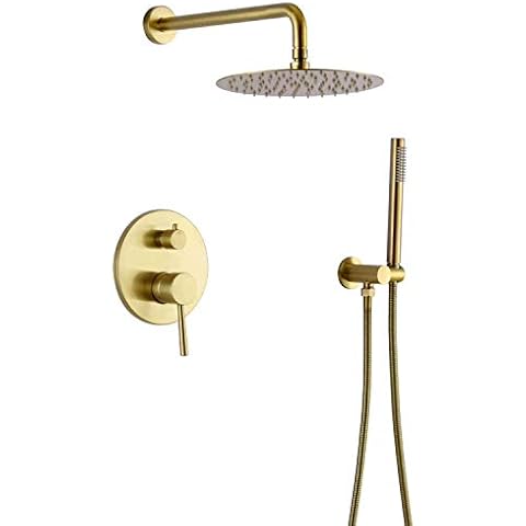 Luxury Bathroom Concealed Shower Tap System Set 12inch Round Ultra-Thin Overhead with Brass Diverter Valve and Handheld Kit Brushed Gold Cover