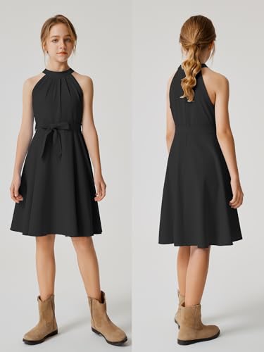 Quedoris Girls Halter Neck Pleated A-line Swing Flared Belted Casual Party Dress with Zipper4