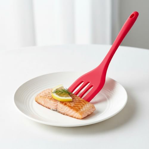 Image of DecorTwist Silicone Turner Spatula | Heat Resistant Kitchen Utensils for Cooking, Baking | BPA-Free, Food Grade Wooden Handle Nonstick Flipper for Fish, Eggs, Omelets (8X 0.2X 32cm,91g) Red
