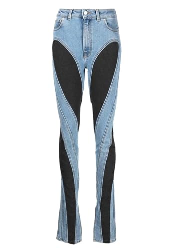 Women's Skinny Stretch Jeans Patchwork Contrast Color Stretch Trendy High Waist Split Long Pockets Denim Pants