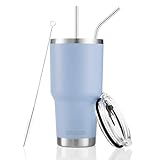 30oz Blue Tumbler Stainless Steel Double Wall Vacuum Insulated Mug with Straw and Lid, Cleaning Brush for Cold and Hot Beverages