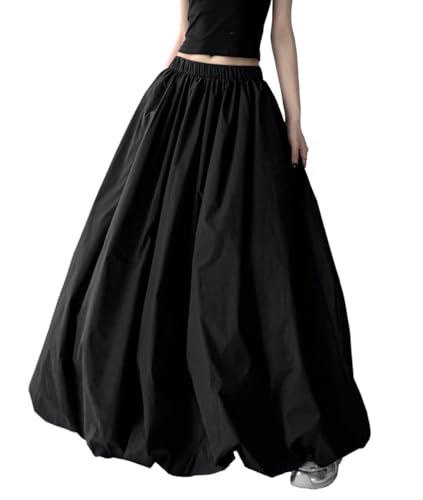 Femiserah Women's Elastic High Waist Pleated Solid Color Bubble Skirt A-Line Lantern Long Skirt
