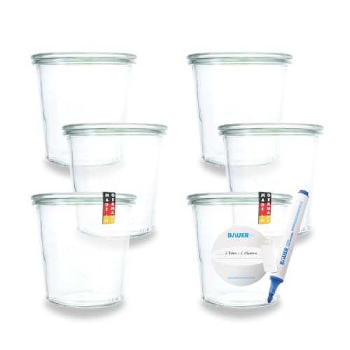 Flaschenbauer - Lot de 6 bocaux en verre - 1/2 l - 580 ml - Utilisable comme pot à confiture, pot de provision, de conserve - Avec étiquette - Fabriqué en Allemagne