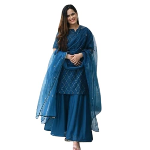Women's Ethnic Kurta Palazzo Dupatta Set Diamond Print Black Gree...