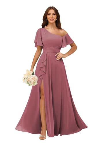 Image of One Shoulder Bridesmaid Dresses for Women with Pockets Short Sleeve Ruffled Chiffon Formal Evening Gowns