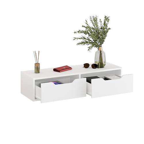 Komto Etagere Murale Blanche avec 2 Tiroirs – Console Suspendue, Table de Chevet, Coiffeuse ou Meuble d’Entrée | NOKA 100 x 32,5 x 22 cm