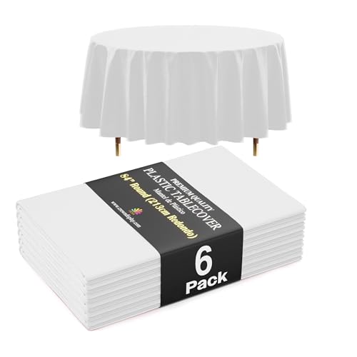 Exquisite Lot de 6 nappes rondes blanches 66 % plus épaisses de 0,5 mm en plastique de 213,4 cm, ne se déchirent pas facilement comme les marques fines bon marché