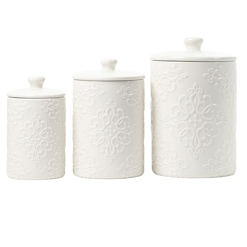 10 Strawberry Street Embossed Ceramic Kitchen Canister Set, Set of 3, Stamp White