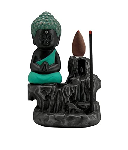 Incensário Cascata Buda Backflow Verde +10 Incensos Cones