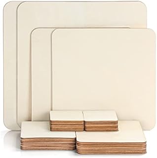Belle Vous Unfinished Blank Wood Pieces (44 Pack) - 5 Sizes Natural Wooden Square Cutouts - Plain Coaster Slices for DIY Arts/Crafts, Painting, Pyrography/Wood Burning and Decorations