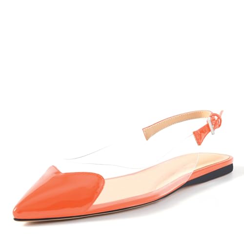 Wrynthevia VogueVent Women's Fashion Pointed Toe Heart Transparent PVC Slingback Flat Shoes Comfort Slip On Cap Toe Clear Ballet Flats Work Wedding Dress Flat Shoes for Women Orange Size 8.5