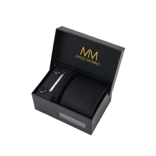 Massi Morino ® Mens Tie Set (Cufflinks and tie set) Box including Men ties + Cufflinks + handkerchief/blacktie tieblack black burial sorrow mourningclothes