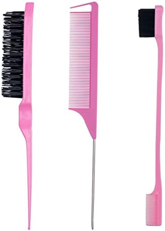 3 Pieces Hair Styling Comb Set Teasing Hair Brush Rat Tail Comb Edge Brush for Edge&Back Brushing, Combing, Slicking Hair for Women (Pink)
