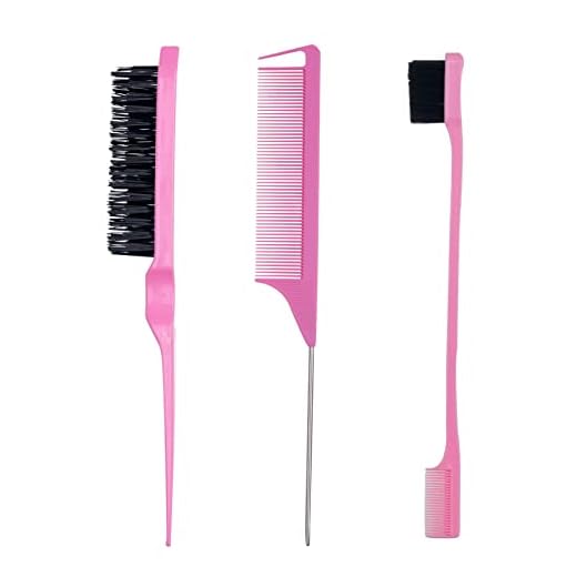 3 Pieces Hair Styling Comb Set Teasing Hair Brush Rat Tail Comb Edge Brush for Edge&Back Brushing, Combing, Slicking Hair for Women (Pink)