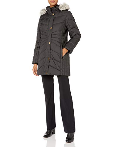 Anne Klein Women's Chevron Quilt Coat with Waist Detail with Faux Fur Hood, Black, Small
