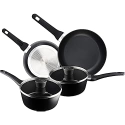 Cacerolas Masterchef MasterChef Juego de ollas y sartenes, 4 piezas de inducción antiadherentes, incluye 2 sartenes (20 cm y 24 cm) y 2 cacerolas con tapas (18 cm y 20 cm), aluminio forjado, apto para lavavajillas