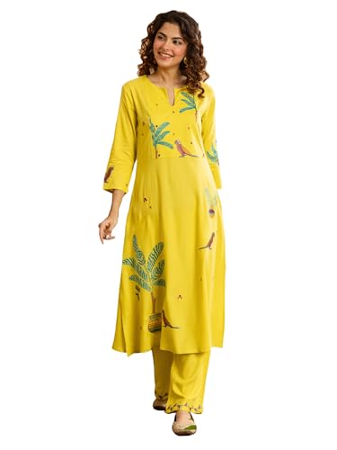 Image of INDO ERA Women's Viscose Rayon Animal Embroidered A-Line Calf Length Kurta & Palazzo Set (IEOUT12072)
