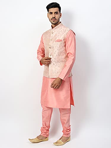 Image of Uri and MacKenzie Men's Silk Blend Regular Kurta Churidar Pyjama with Bundi Nehru Jacket /Waistcoat
