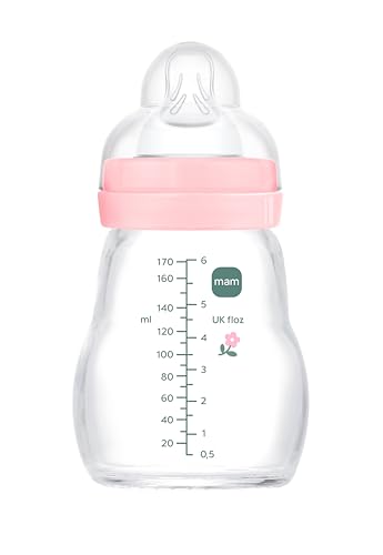 MAM Biberón de Cristal, Recién Nacido, 0 2 Meses, 170ml, con Tetina 1 de Flujo Lento de Silicona de Fácil Aceptación, Fácil de Limpiar, MAM Feel Good, Rosa, Pack de 1ud