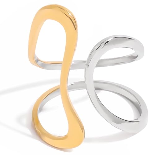 REELMAR Two Tone Chunky Adjustable Ring for Women Vintage Asymmetrical Wavy Wrap Around Open Ring Trendy Stainless Steel Statement Jewelry (Two Tone-Wavy 2)