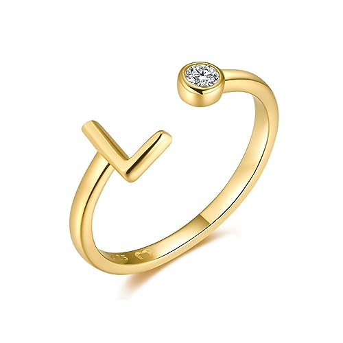 MARLION JEWELS Anillo abierto de mujer en plata de ley con tu letra inicial y una circonita blanca. Anillo plata mujer con acabado plateado o dorado. Joyería ideal para parejas, amigas.