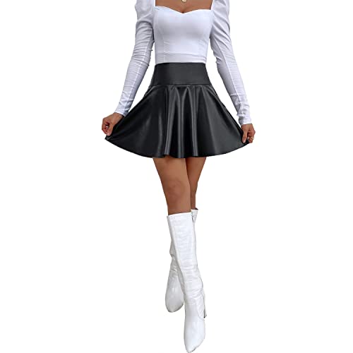 BiilyLi Jupe Femme Taille Haute Cuir PU Mini Basique Plissée Patineuse Fille Elastique Court Fluide Jupe Élégante A-Line XL Cover