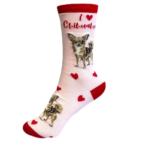 Ladies Dog Lover socks with cute dog image Love Dogs text and hearts design one size quality cotton mix great novelty dog lover gift (Chihuahua)