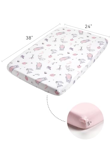 Image of TILLYOU Mini Crib Fitted Sheets - Soft Knit Sheet for Pack N Play, Microfiber Mini Crib Sheets, 38 x 24 Playpen Bedding Sheet for Baby 2 Pack, Machine Washable, Playful Animals
