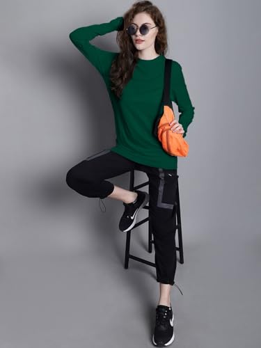 Image of JUNEBERRY Cotton Round Neck Regular Fit Plain Solid Full Sleeve T-Shirt Combo for Women (Pack of 3) (Available Colors: Black, White, Navy, Green,Swanwhite & Cork)
