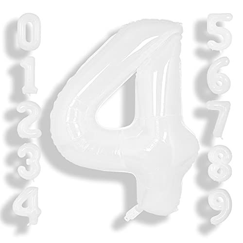 Image of SUWEN 40 Inch White Large 4 Balloon Number Big Foil Helium Numbers 0-9 | Giant Jumbo Happy 4th Birthday Party Decorations for Men or Women Huge Mylar Anniversary Party Supplies