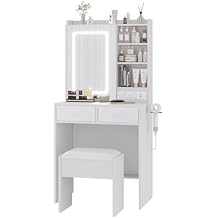 Compact Makeup Vanity Desk with LED Mirror & RGB Cabinets, Small Space Vanity Table Set with Charging Station, Power Outlets & USB Ports, 2 Drawers & Open Shelves & Stool for Bedroom & Apartment,White