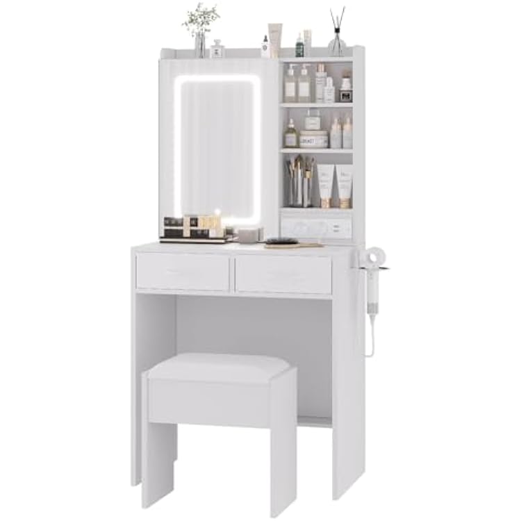 Compact Makeup Vanity Desk with LED Mirror & RGB Cabinets, Small Space Vanity Table Set with Charging Station, Power Outlets & USB Ports, 2 Drawers & Open Shelves & Stool for Bedroom & Apartment,White