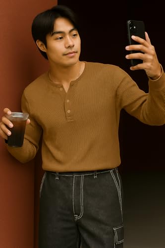 Image of Men's Solid Slim Fit Full Sleeve Henley Neck Rib Textured Cotton Blend T-Shirt | Casual & Office Wear | Daily & Travel use