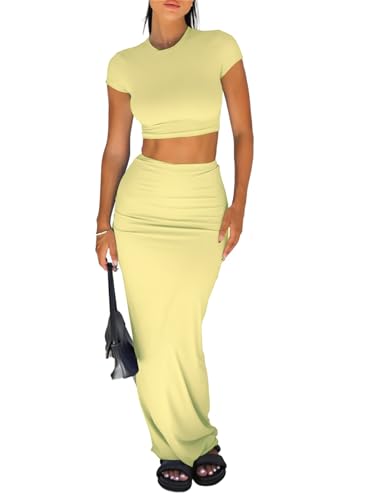 Image of Two Piece Skirt Set for Women 2 PC Y2K Outfits Short Sleeve Crop Tops Bodycon High Waist Long Maxi Skirts
