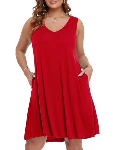 Image of BELAROI Women Casual Summer Beach Dresses Plus Size Sundress V Neck Pockets Swing Tank Dress Cover Ups