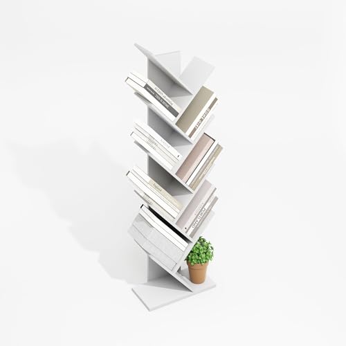 Image of Furinno Tree Book Shelf, 9-Tier Bookshelf, Tree Bookcase for Room Decor, 8.4 x 15.7 x 50.9, for Living Room, Bedroom, Home Office, Plain White