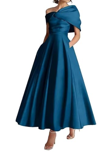 Women's One Shoulder Mother of The Bride Dresses Long Ruffle Satin A Line Formal Evening Gowns with Pockets