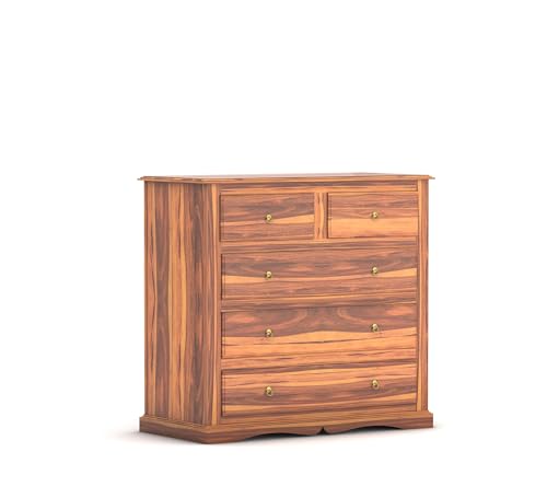 Image of Sheesham Wooden Chest of Drawer for Living Room | Solid Wood Dresser Storage for Bedroom with 5 Drawer | Rosewood Cabinet Storage (Teak)