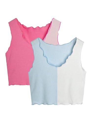 Milumia Girl's 2 Pack Tank Tops Colorblock Lettuce Trim V Neck Sleeveless Tops
