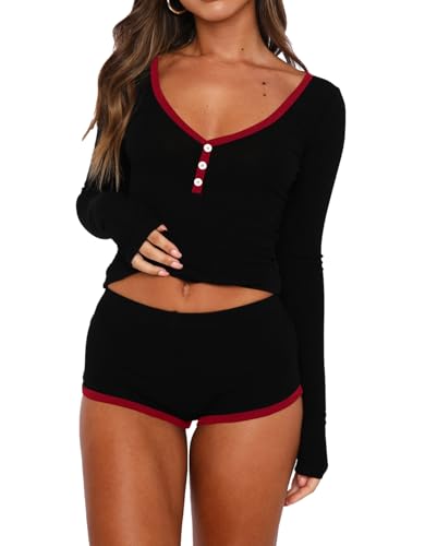 Image of Lacozy Womens Sexy Pajama Sets 2 Piece Cute Pj Set V Neck Long Sleeve Crop Top and Shorts Y2k Lounge Sets Sleepwear