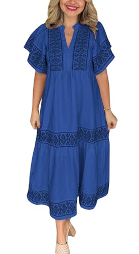 Image of chouyatou Women's Summer Printed Floral Dress Casual Notch Neck Cotton Midi Long Mexican Tunic Dress